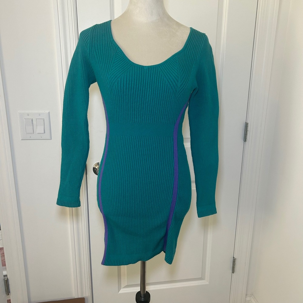 Herve by Herve Leger Teal Ribbed Knit Long Sleeve Mini Dress Purple Trim Small